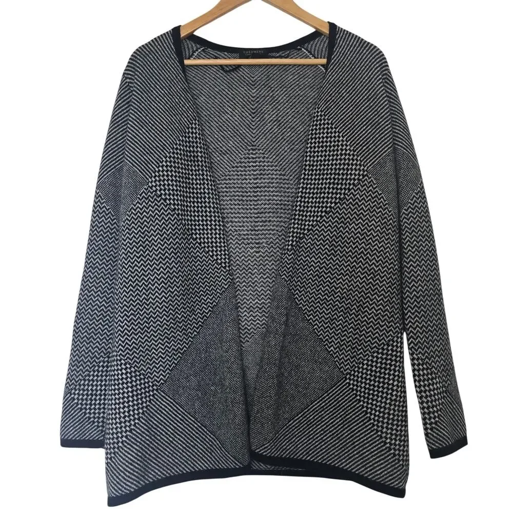 Charter Club 100% Cashmere Geometric Cardigan Size S Open Front Black